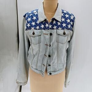 Forever21 USA American Flag Womens Distressed Short Denim Jean Jacket Sz M